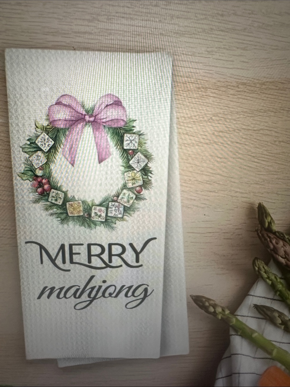 Merry Mahjong Holiday Waffle Weave Kitchen Towel - Pink Bow, new